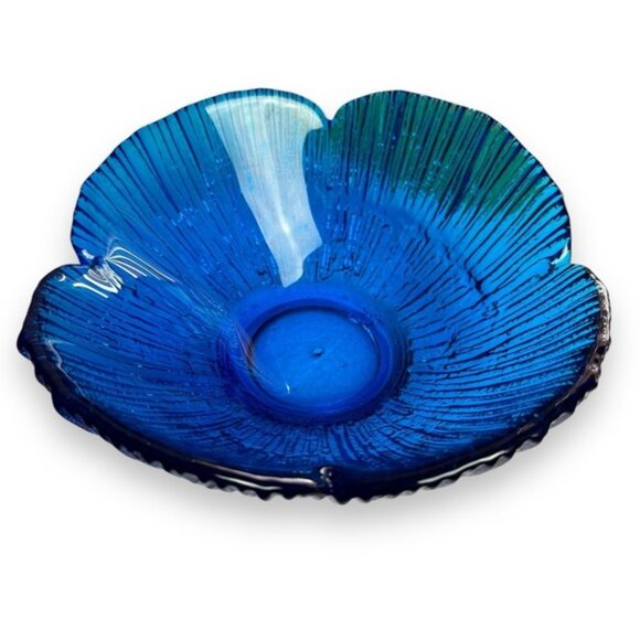 Vintage Glass Bowl Blue Flower Petal Dish MCM Textured 9" RARE - Picture 10 of 11